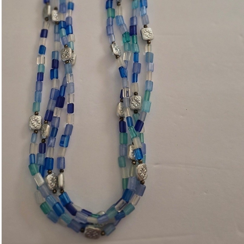 Vintage Multi Strand Blue Glass Bead Necklace Silver Tone Floral Accents Boho